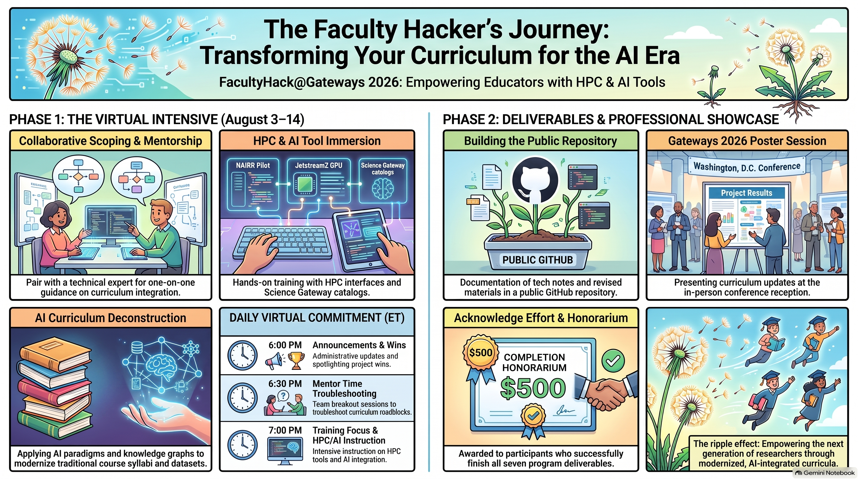 Infographic titled "The Faculty Hacker&rsquo;s Journey: Transforming Your Curriculum for the AI Era." Phase 1, The Virtual Intensive (August 3&ndash;14): collaborative scoping and mentorship; HPC and AI tool immersion with NAIRR Pilot, Jetstream2 GPU, and Science Gateway catalogs; AI curriculum deconstruction; and the daily virtual schedule (6:00 PM announcements and wins, 6:30 PM mentor time troubleshooting, 7:00 PM training focus). Phase 2, Deliverables and Professional Showcase: building a public GitHub repository, presenting at the Gateways 2026 poster session in Washington, D.C., and a $500 completion honorarium for finishing all seven deliverables.