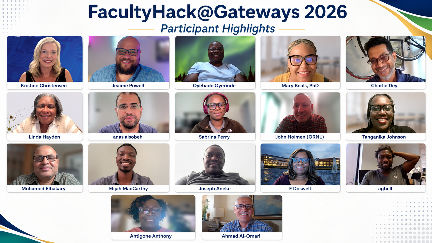 FacultyHack@Gateways 2026 Participant Highlights: a grid of video-call headshots labeled with names, including Kristine Christensen, Je&rsquo;aime Powell, Oyebade Oyerinde, Mary Beals, Charlie Dey, Linda Hayden, Anas AlSobeh, Sabrina Perry, John Holmen (ORNL), Tanganika Johnson, Mohamed Elbakary, Elijah MacCarthy, Joseph Aneke, Felicia Doswell, Agbeli Ameko, Antigone Anthony, and Ahmad Al-Omari.