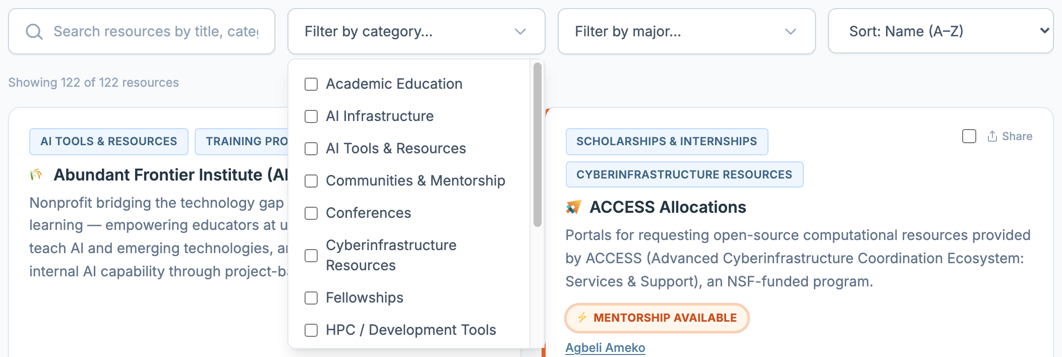 Category filter dropdown open, showing a checklist of resource categories