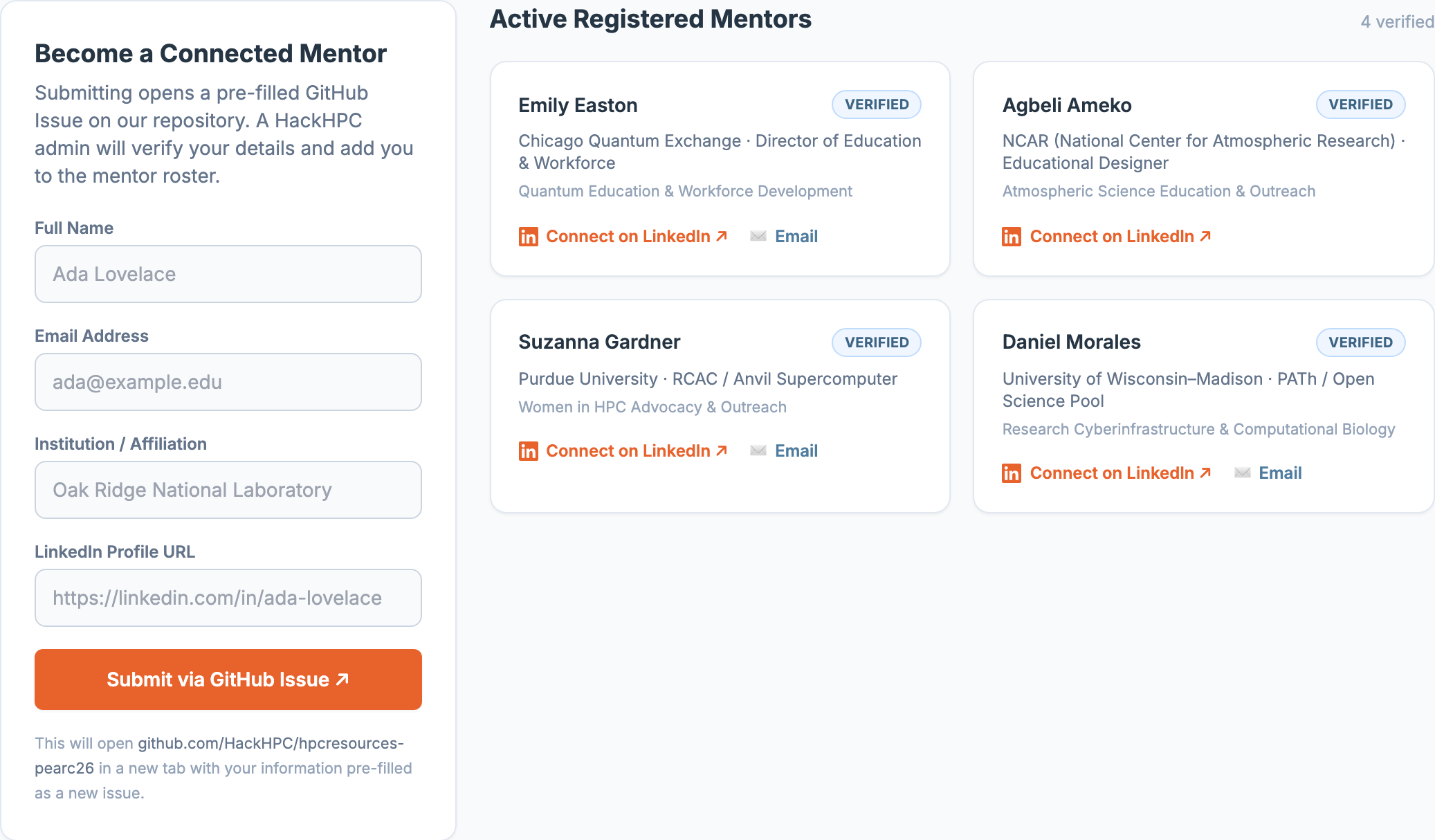 The Connected Mentors tab showing the mentor sign-up form and a grid of mentor cards