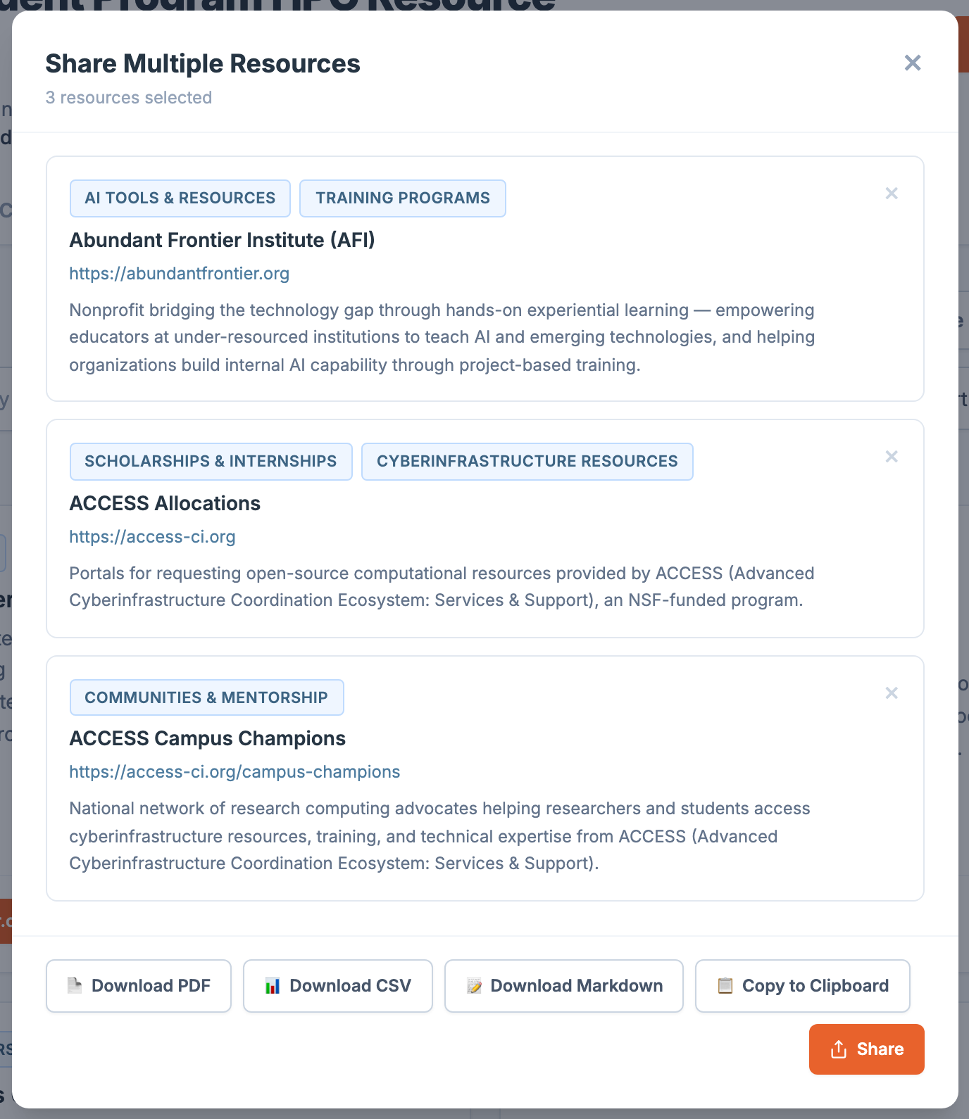 The Share Multiple Resources modal open, listing selected resources with Download PDF, CSV, Markdown, Copy to Clipboard, and Share buttons